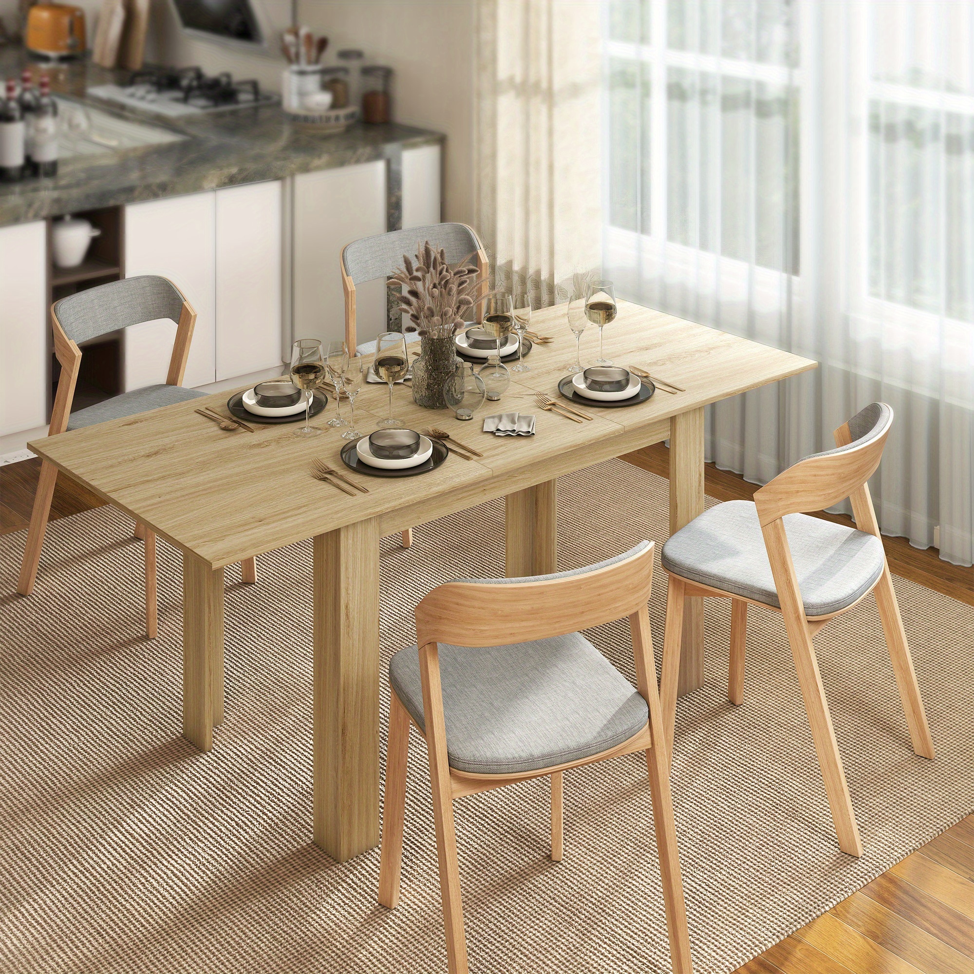 TEMU Table à Manger Extensible HOMCOM pour 6-8 Personnes, Design Moderne avec Finition Bois Naturel et , Construction en Bois d'Ingénierie & MDF,