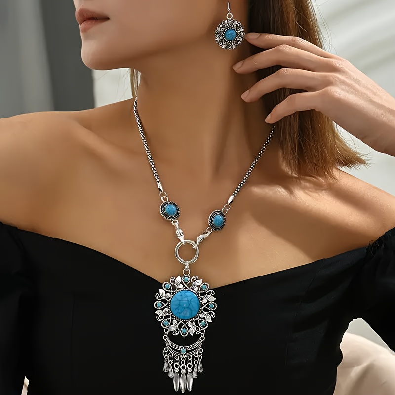 TEMU -chic Vintage Floral Pendant Jewelry Set - Silvery-plated Zinc Alloy With Synthetic Turquoise Necklace & Earrings, Everyday & Party Wear