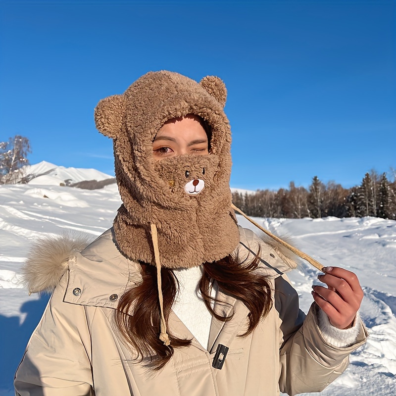 

Cozy Knit Balaclava With Bear Ears - Women's Winter Hooded Scarf & Shawl Set, Warm Plush , Fit For Valentine's Day