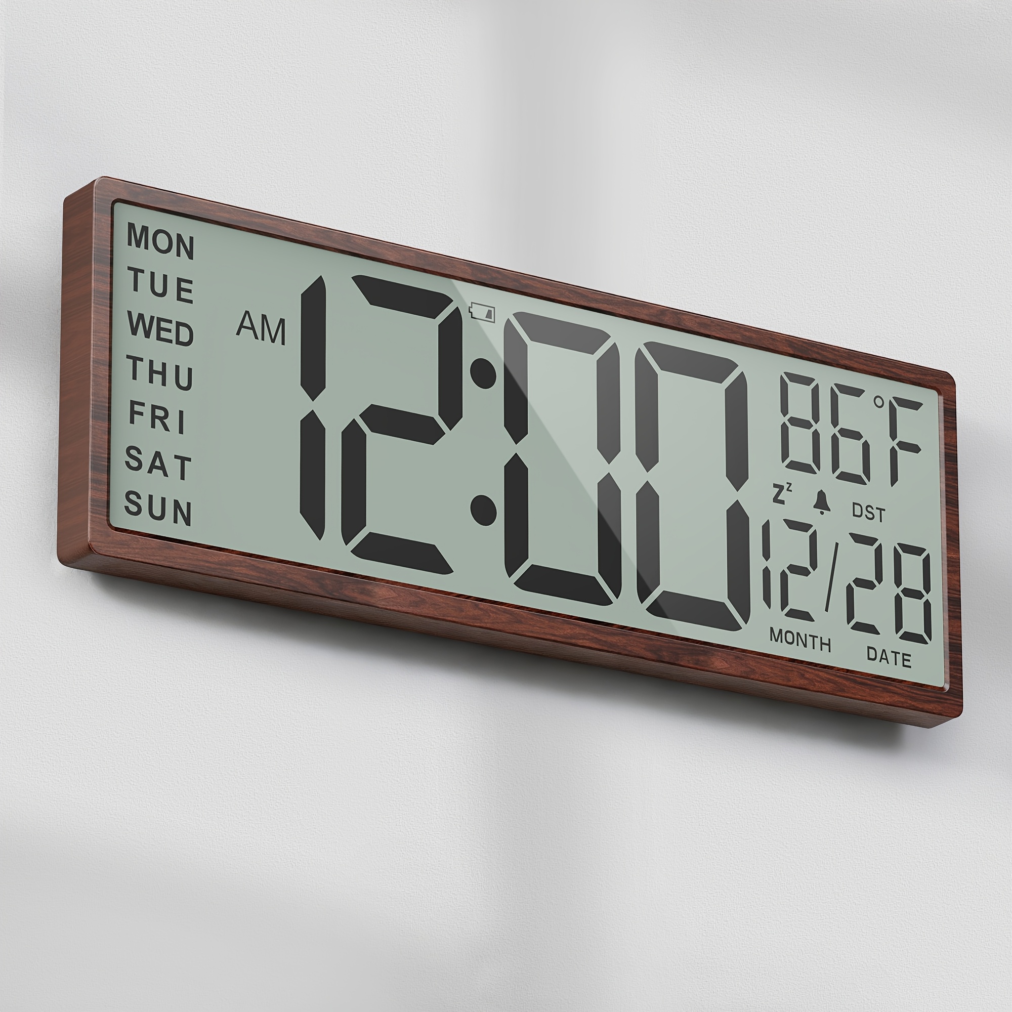 Battery Operated Wood Grain Lcd Alarm Clock For Seniors, Clear Time & Temp , Single Alarm, , Temp Display, 12/24h Selectable, Oversized Easy Buttons, Ideal For Elderly Nightstand