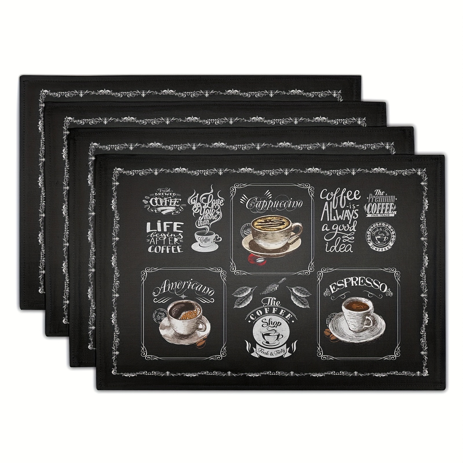 

4pcs, Coffee Placemts, Black Cafe Life Themed Coffee Beans Maker Espresso Cup Printed Table Mat, Washable Heat-resistant Placemats, Dining Table Party Decor