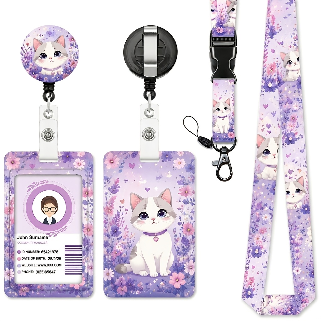 TEMU Porte-badge 2D Chat avec Cordon Rétractable et Bobine à Clip - Convient pour Bureau, École, Infirmières, Enseignants, Étudiants - Bobine à Badge