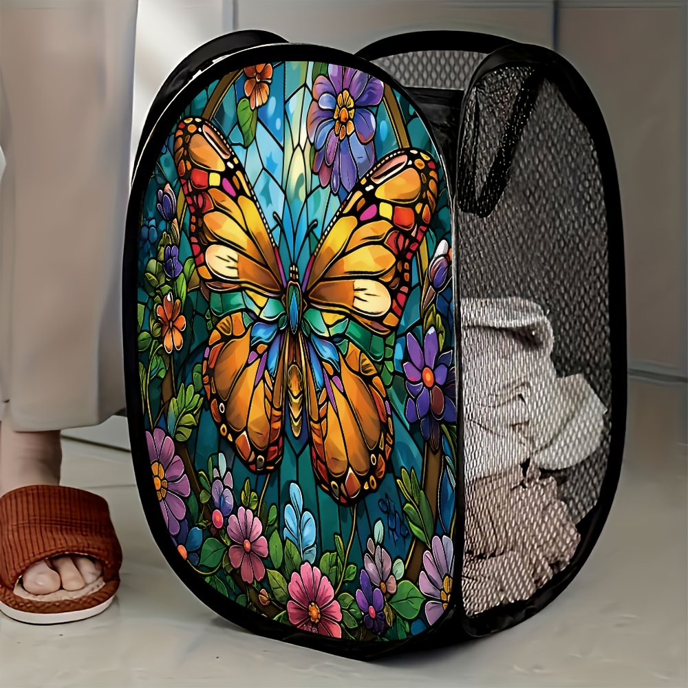 TEMU 1pc Stained Glass Pop-up Laundry Hamper With Mesh Panels - Expandable Compact Storage Suitable For Home,, Dorm, Bathroom - Space-saving Hamper