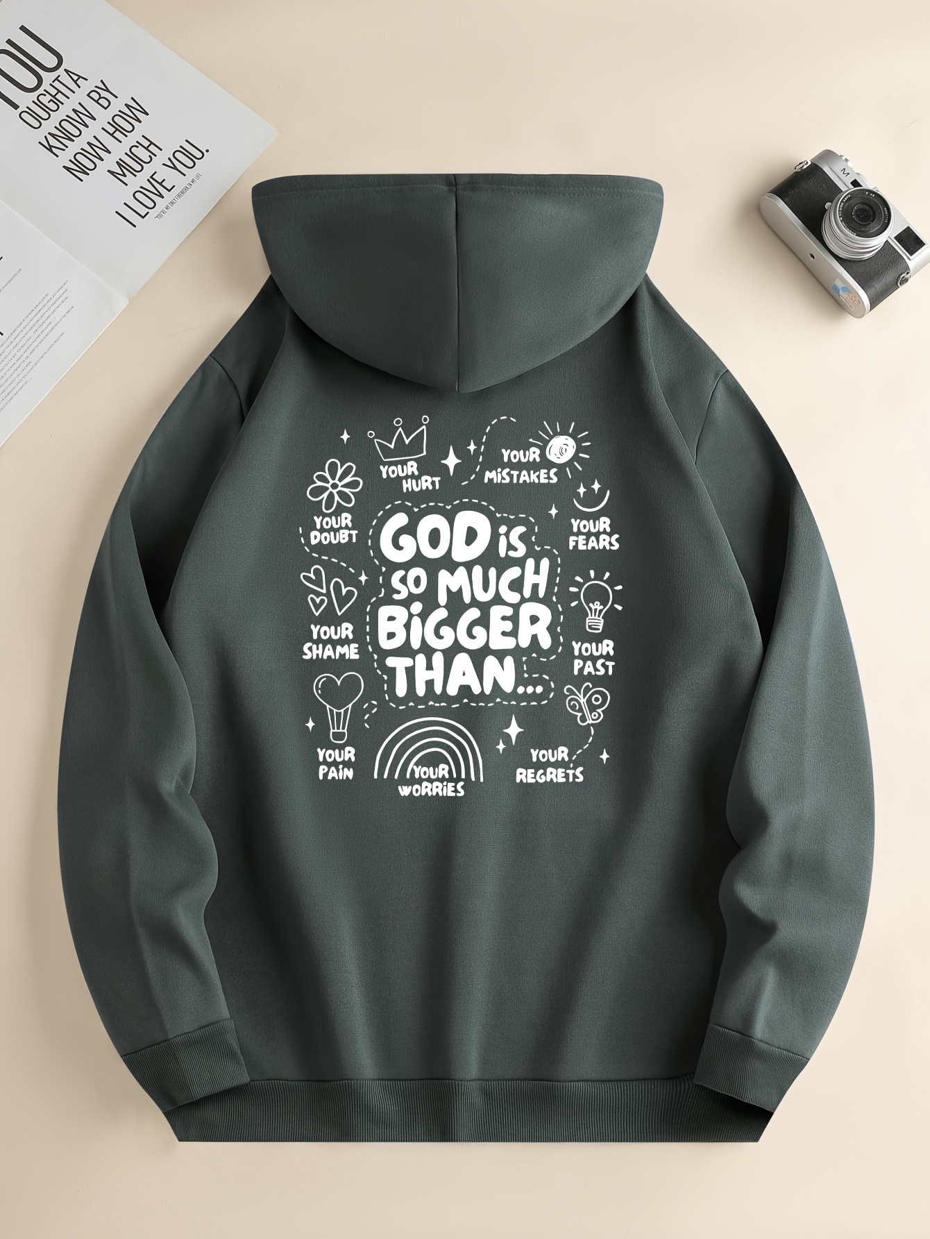 God Is So Much Bigger Print Men's Pullover Round Neck Hoodies With Kangaroo Pocket & Drawstring Long Sleeve Hooded Sweatshirt Lo