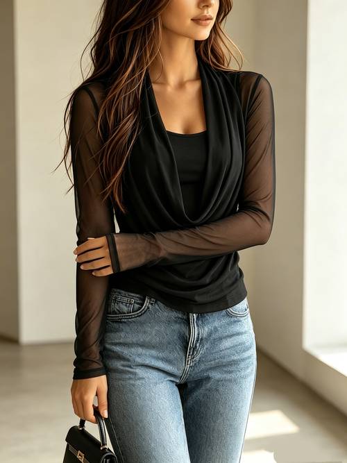 item picture bk260626072 autumn and winter light and see through mesh collar shirt suit versatile suspender two piece set to the waist for women