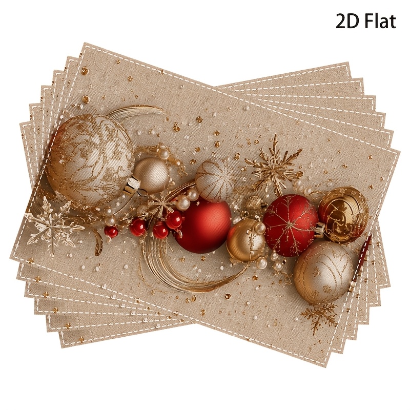 TEMU Ensemble de 4/6 nappes de table boule de Noël dorées et rouges, ornées de de neige étincelants, parfait pour les repas de fêtes et la décoration