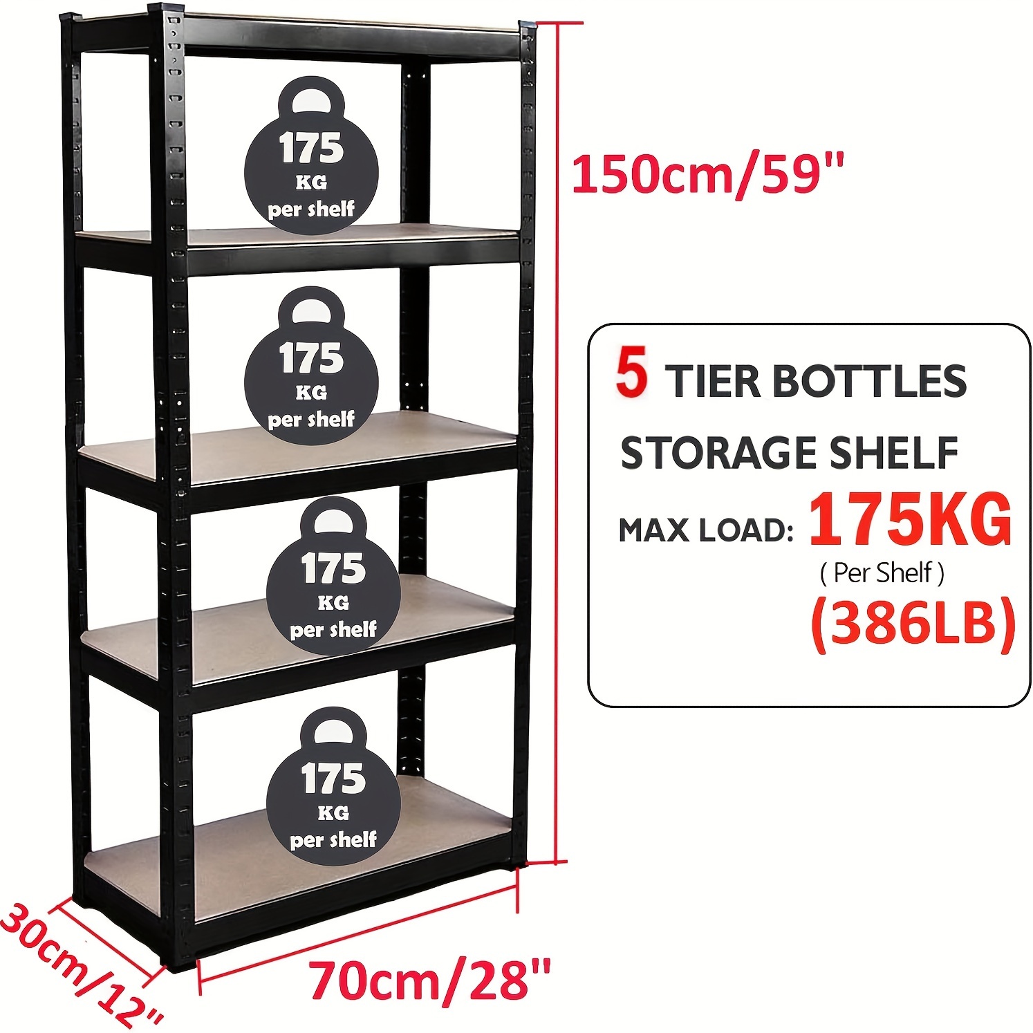 TEMU 150cm Shelving Units - Heavy Duty 5 Tier Adjustable Shelving Shelf Racking Unit Storage Rack - Display Shelves - 175kg Per Shelf - Metal Shelves
