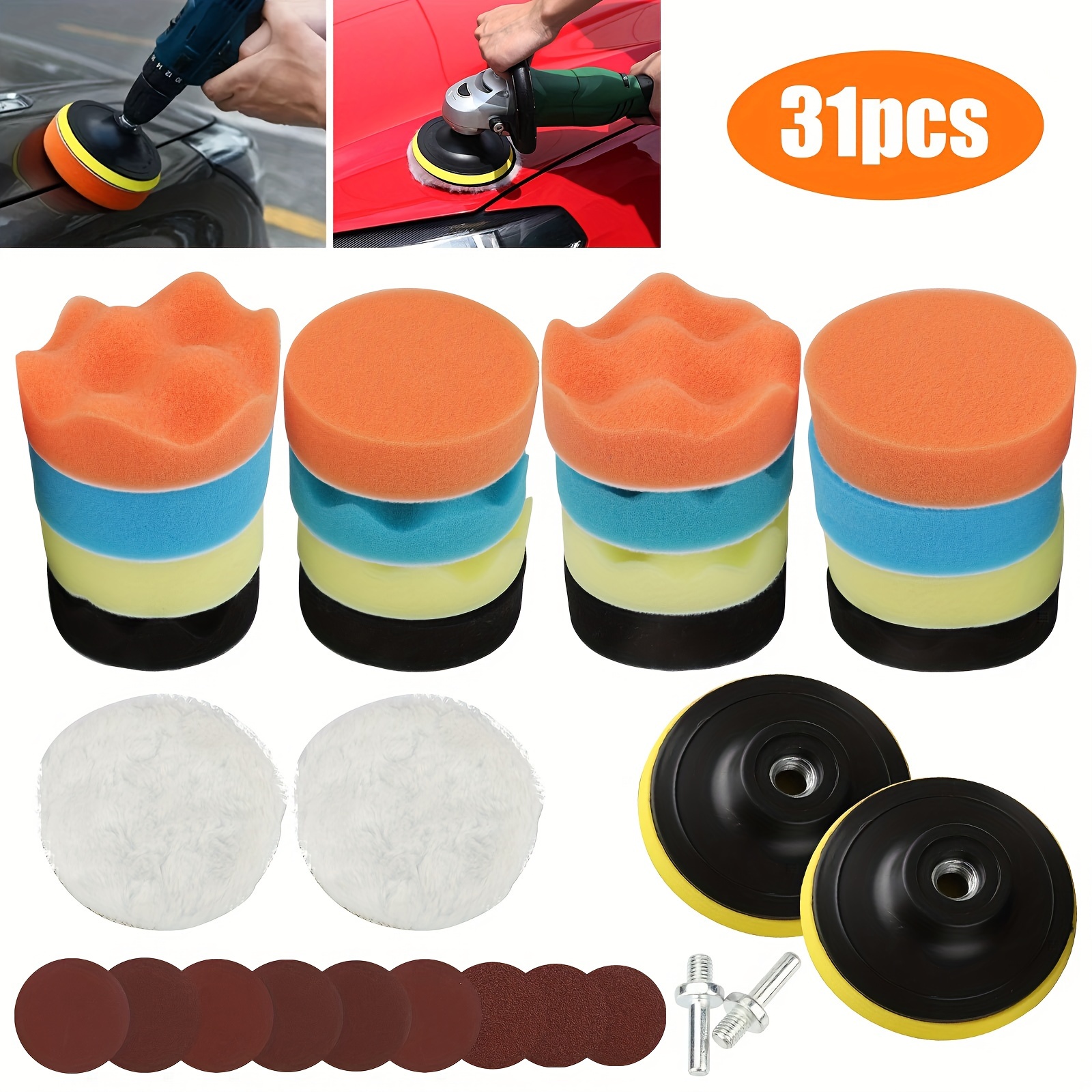 

31pcs Car Buffing Pad, Polishing Kit, 3inch Sealing Sponge Waxing Foam Polisher For Detailing Drill Reusable