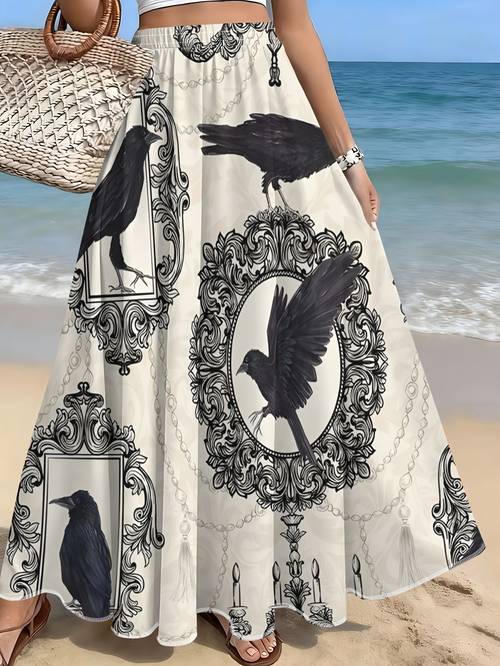 womens gothic crow print a line maxi skirt full length elegant skirt with crow pattern machine washable suitable for wear themed events everyday outfits