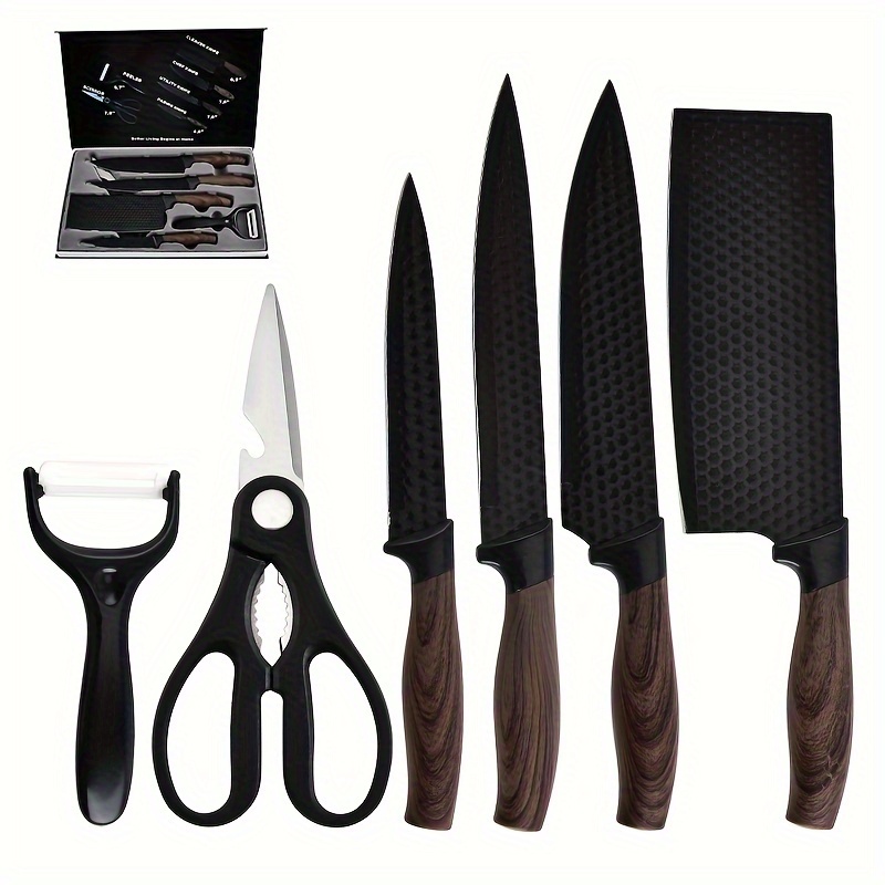 

Kitchen Knife Set, 6 Pieces Black Cooking Knife Set With Star Blades, Sharp Stainless Steel Chef Knife Set, Knives, Scissors For Home Kitchen