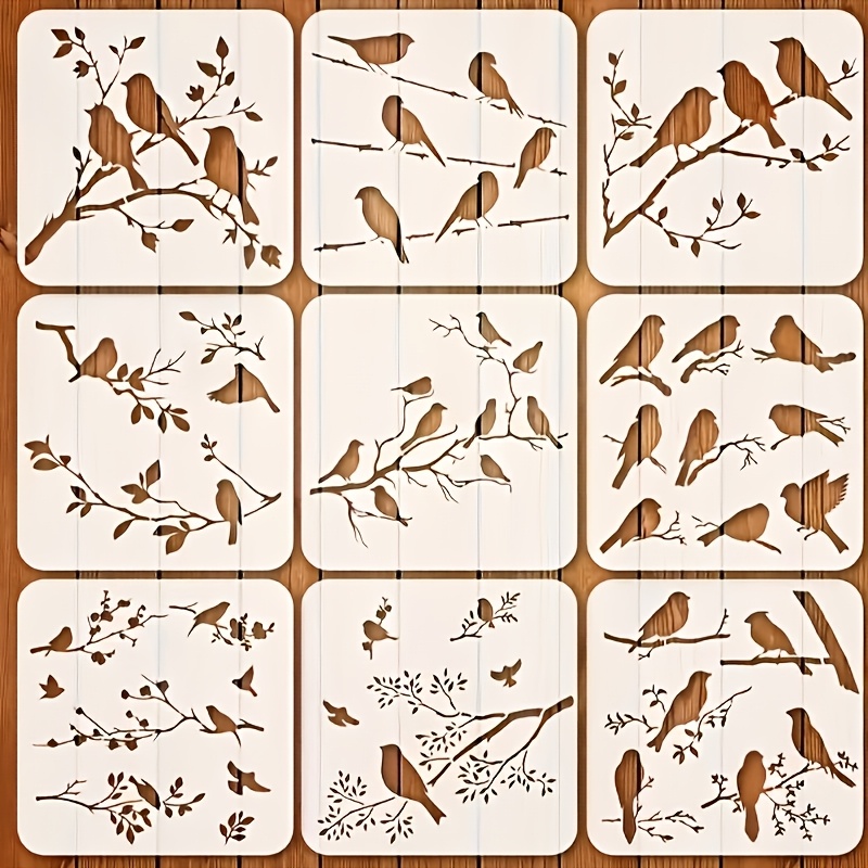 E-shop 9 Stück Wiederverwendbare Vogel- und Ast-Schablonen - Geeignet für Basteln, Stoff, Leinwand, Scrapbooking, Wände, Möbel und Wohnkultur -