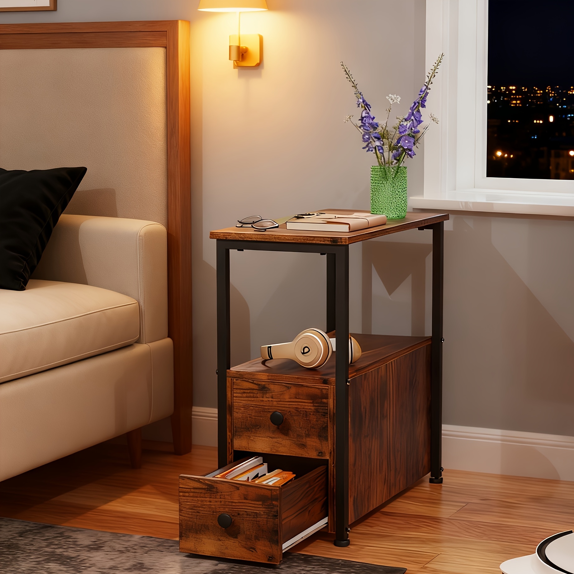 Image of Narrow Living Room Side Table, Compact Storage Cabinet, Slim Side Table With 2 Drawers, Side Table With Open Shelves, Ideal For Small Spaces, Room Side Table, Space-saving Design 30x60x61cm, Brown