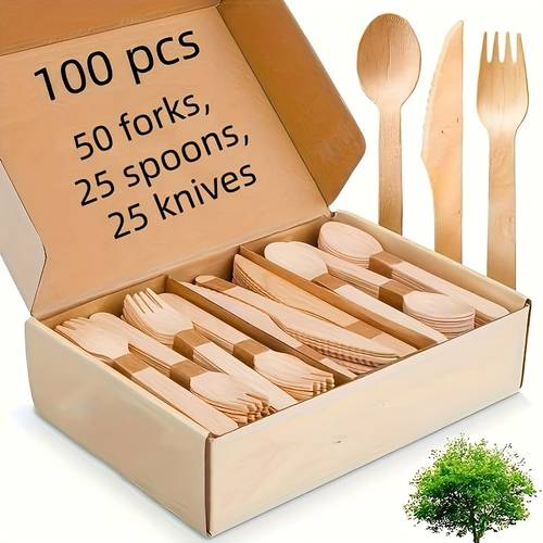 item picture 100 200pcs disposable cutlery set 50 100 forks 25 50 knives 25 50 spoons 6 3 inch wooden utensils for events and dining