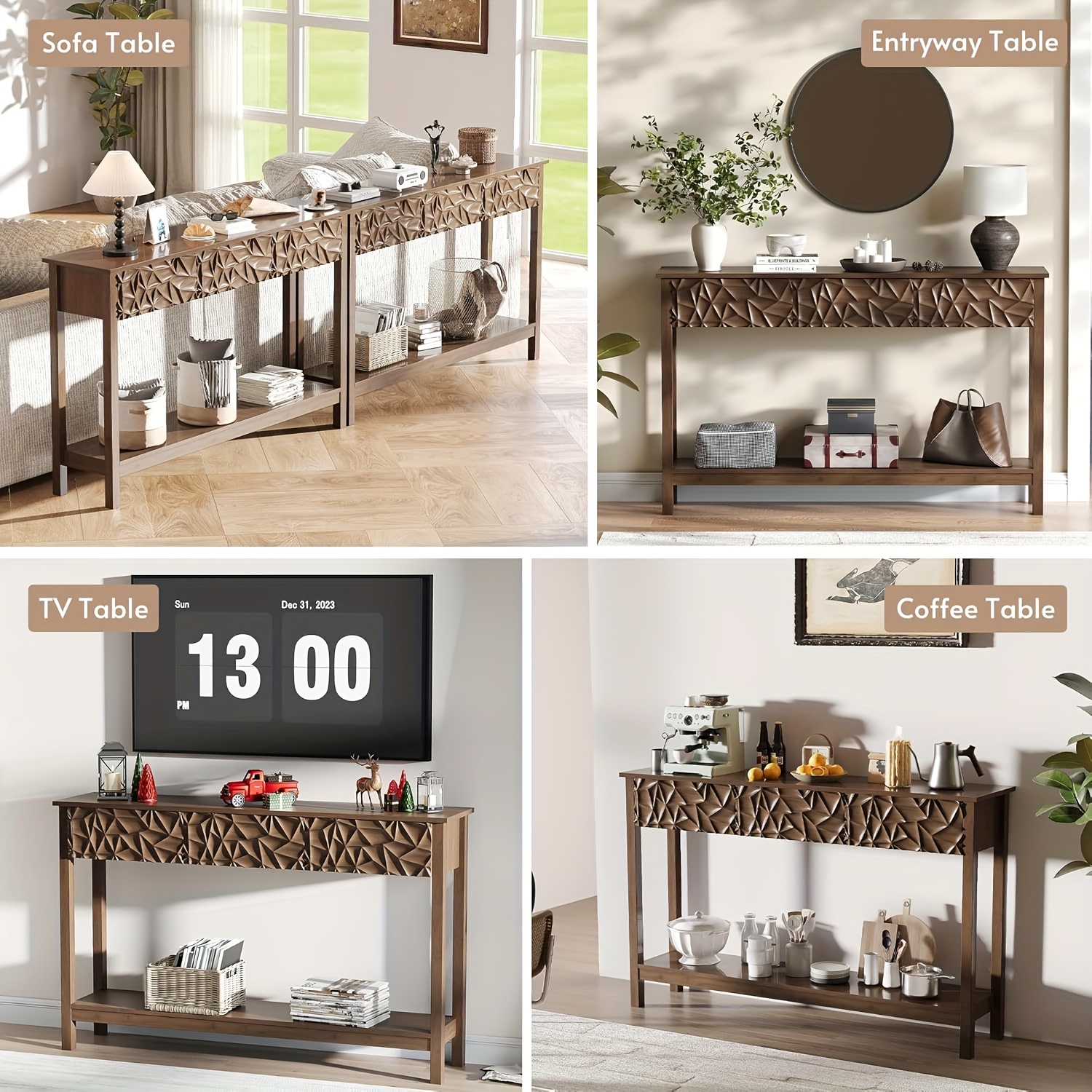 Kinder King 51 Inch Modern Console Table Farmhouse Entryway Table with 3 Drawers Narrow Wood Entry Way Table with Open Storage Shelf Long Sofa Table Behind Couch for Hallway, Foyer, Living Room, Walnut