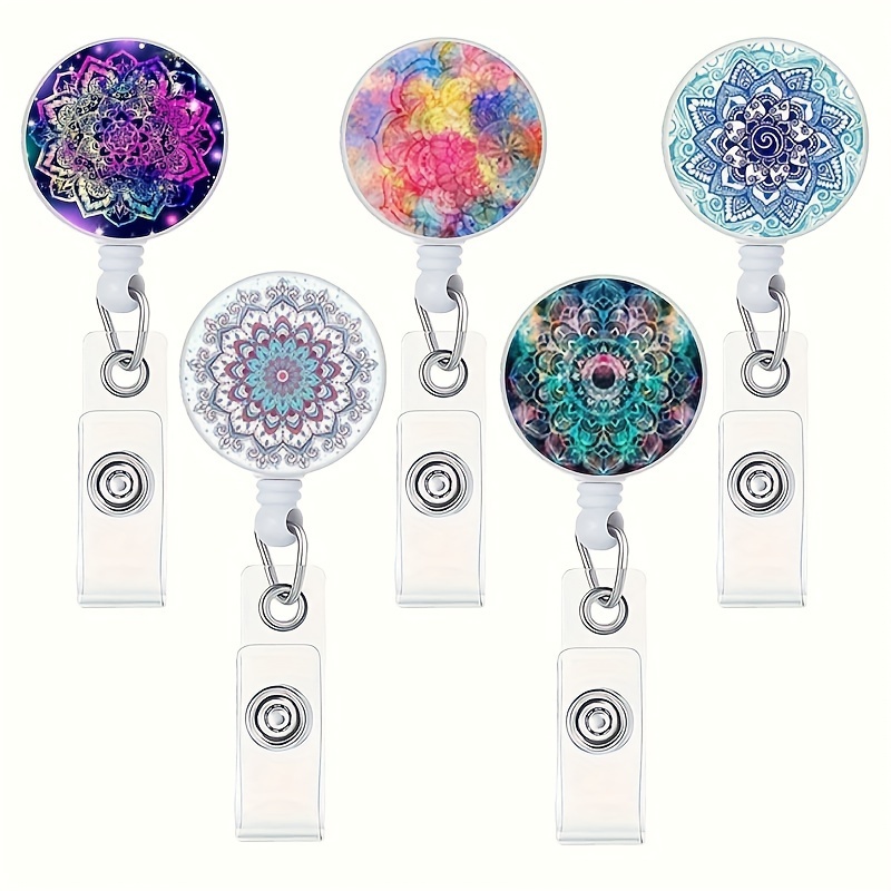 

5 Pack Mandala Style Retractable Badge Reel Holder - Cute & , Ideal For Nurses, Doctors, Teachers, Id & Business Card Holder - Abs Material, Office, School & Conferences In English