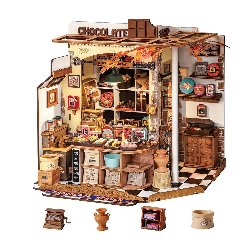 E-shop Rolife Miniatur Set 3D Holzpuzzle Puppenhaus Buchnische Bastelset Geschenk für Erwachsene & Teenager 14+ ( Schokoladenladen)