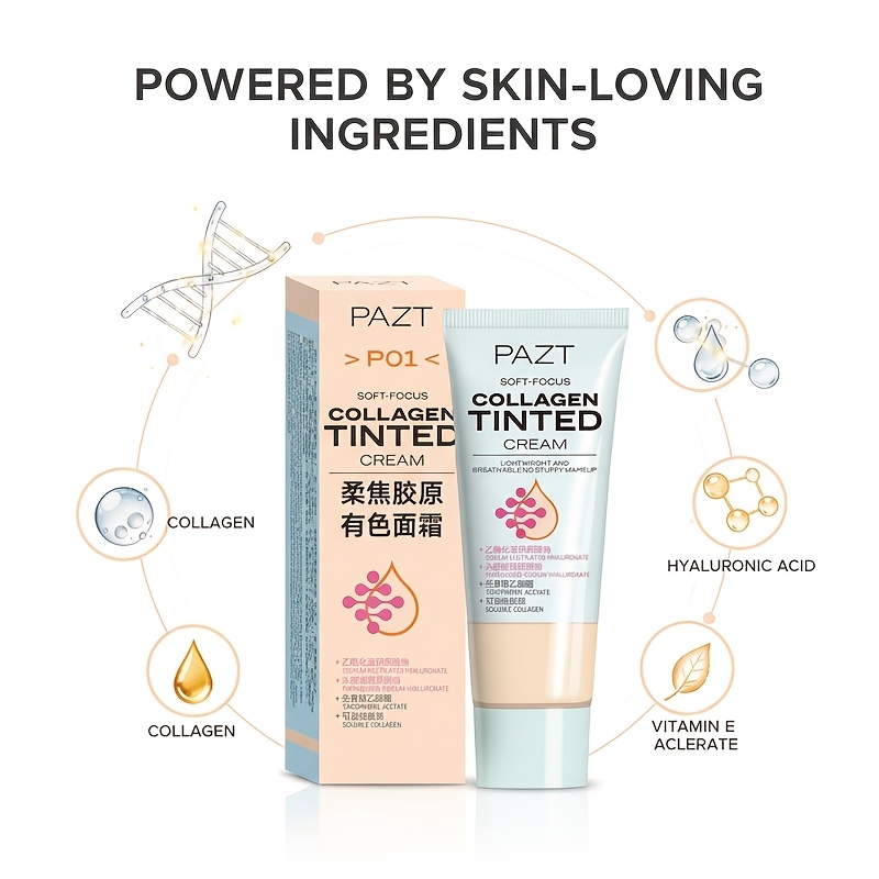 The PAZT Soft-Focus Collagen Tinted Cream Combines The Functions of a Moisturizer, Primer, And Foundation. It Contains Precious Collagen And Moisturizing Essence, Instantly Concealing Pores And Imperfections, Evening