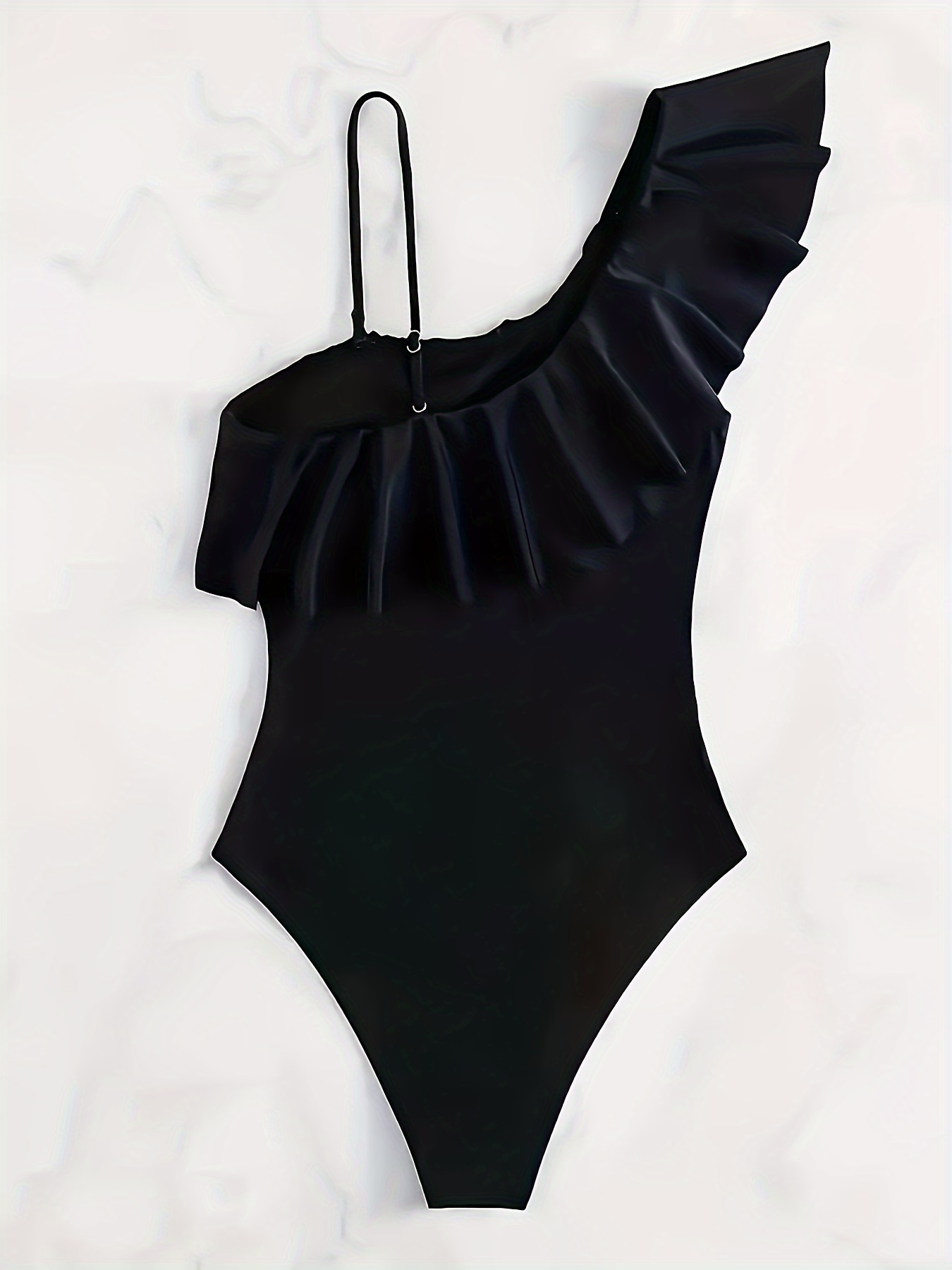 womens elegant one shoulder mesh swimsuit ruffle detail solid black   bathing suit details 7