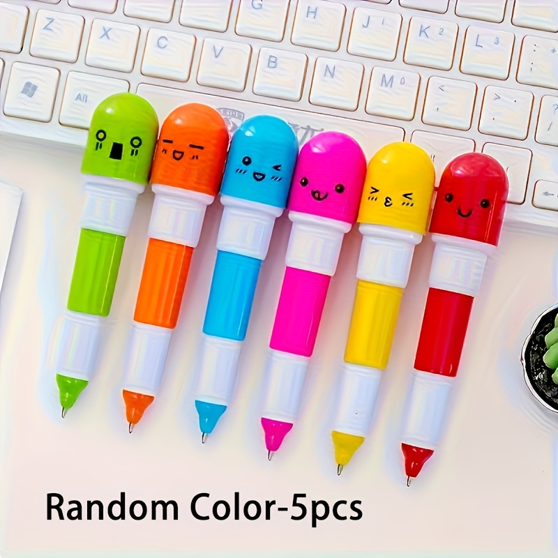 Image of 5pcs, Random Color, Cute Pill-shaped Round Ballpoint Pens, Cartoon Retractable Capsule Round Ballpoint Pens