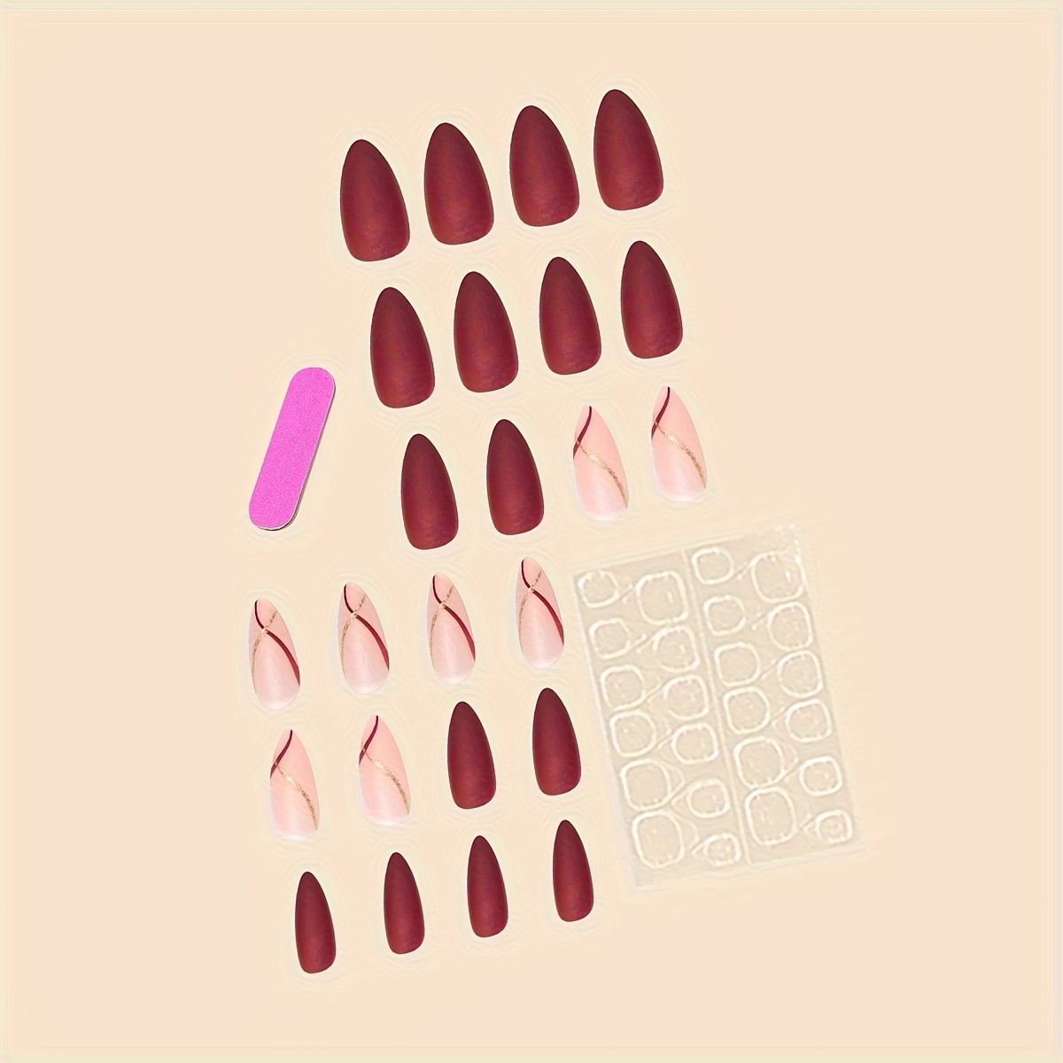 add   with   24 long   shaped wine red matte false nails featuring golden lines complete with jelly   and a nail file set suitable for women and for parties dances and   everyday occasions Product details 1