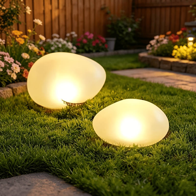 TEMU Paquete de 2 luces solares de piedra con forma de de y 4 LED, de guijarros simulados, IP44, iluminación duradera para patio, césped, , piscina,