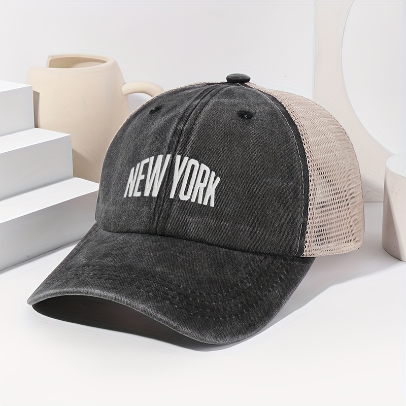 

Casquette de baseball unisexe brodée "NEW YORK", chapeau de camionneur respirant en maille souple vintage vieilli, chapeau à visière réglable pour les activités sportives et de pêche.