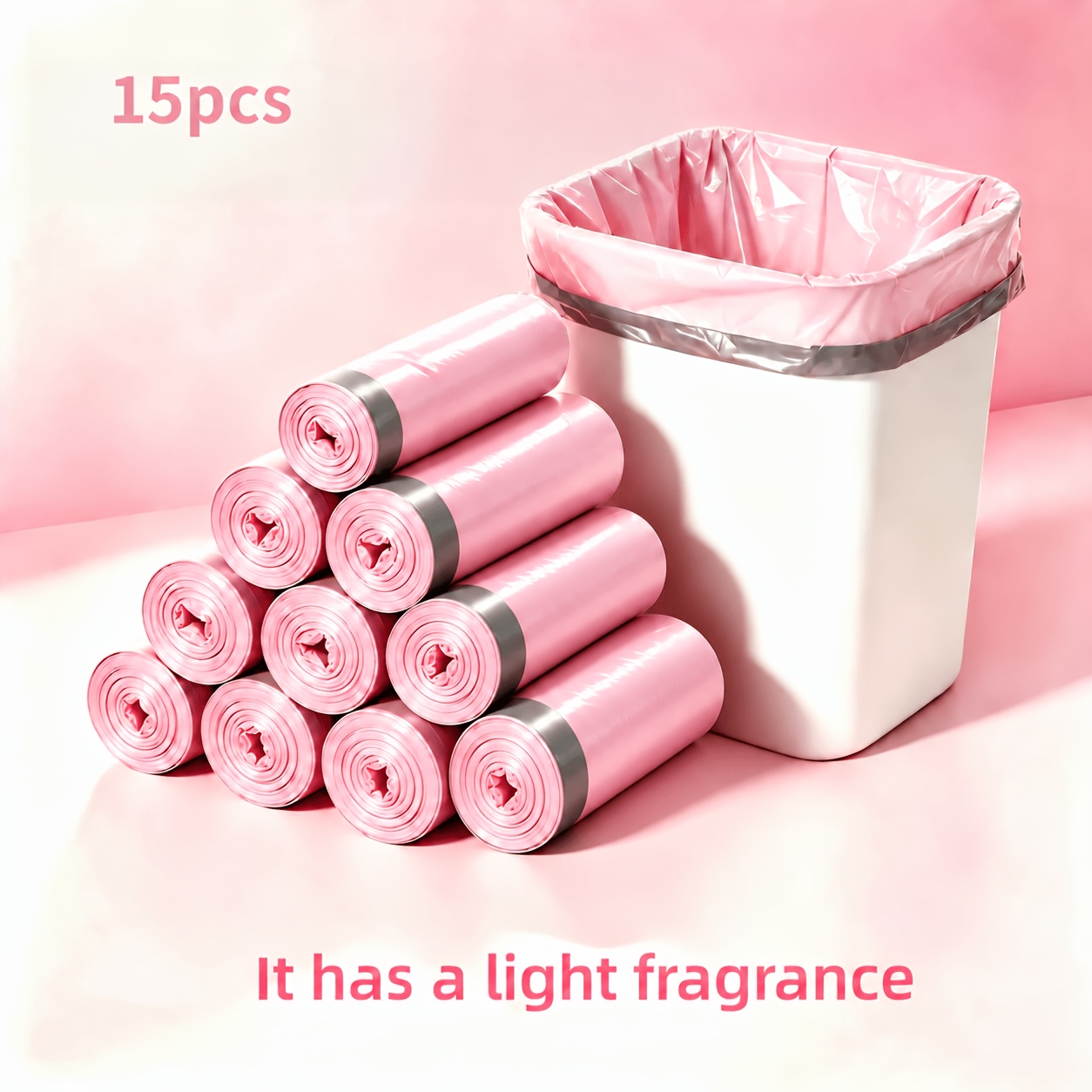TEMU 1 Roll Of 15pcs Thickened, " Pink" Scented Drawstring Trash Bags; Features Built-in Fragrance And High Tear Resistance; Suitable For Kitchens,