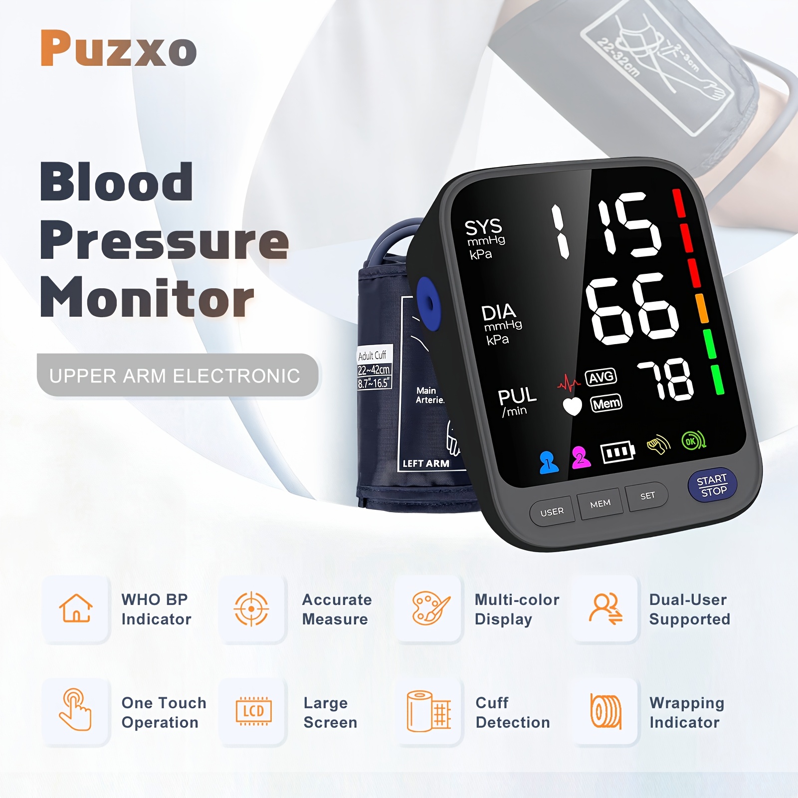 Puxzo Upper Arm Blood Pressure Monitor with Large Cuff - Automatic Digital BP Machine, 120 Memory Storage, Dual Power (Battery/AC), Large LED Display, Heart Rate & Blood Pressure Tracker, Portable Design with Carry Case - for Home, Clinic