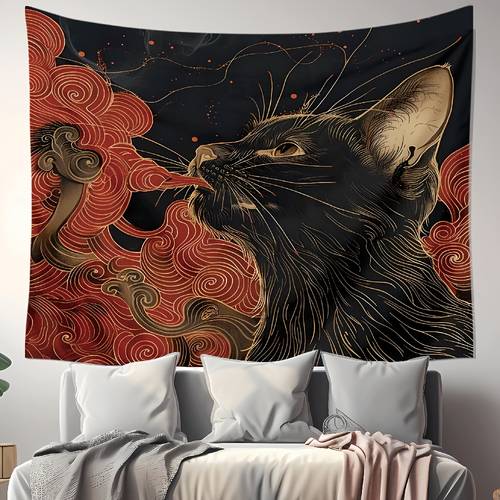 1 pieza asiático, gato japonés tragando , tela , tapicería para colgar en la pared con adiciones, decoración de pared para dormitorio en el hogar