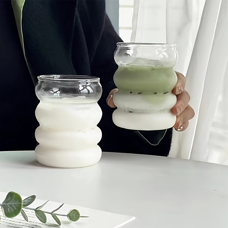 Set 4 Bicchieri A Bolle In Vetro Con Cannucce - Design Ondulato Vintage, 350ml, Con Spazzola Di Pulizia