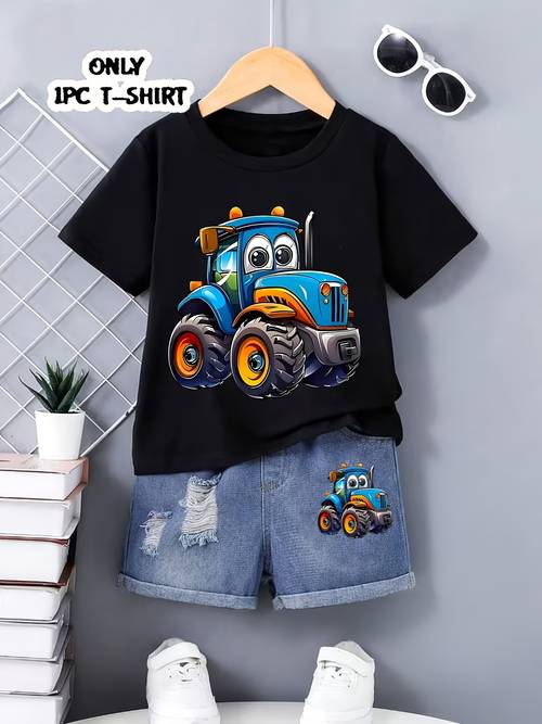 a single piece of boys short sleeve t shirt featuring trendy cartoon car prints suitable for spring summer and autumn its a comfortable and casual outfit for young children wearing as a base layer or on its own