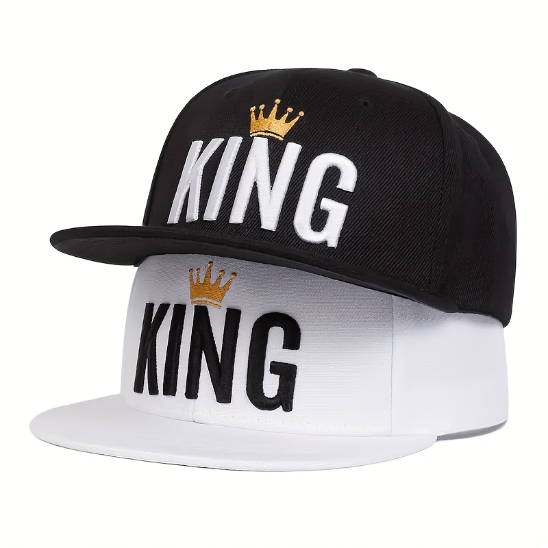 TEMU Set Of 2 Adjustable King Printed Unisex Hip-hop Caps, Street Fashion Outdoor Sports Baseball Hats With Flat Brims, Adjustable Headwear