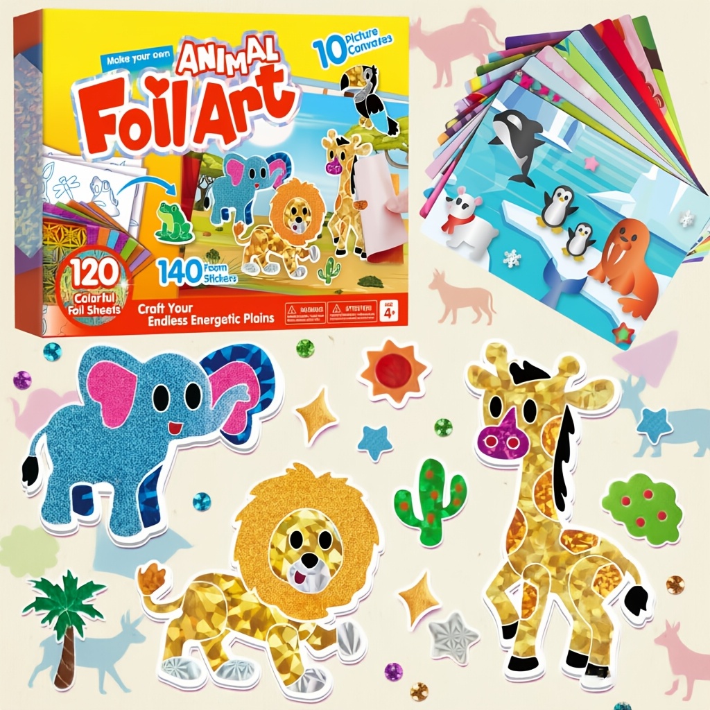 TEMU Syncfun Kit For Kids - Arts And Crafts Supplies, Mess-free Coloring, Animal Foil Foam Stickers, Toys, Birthday Gifts For Boys And Girls Ages 4