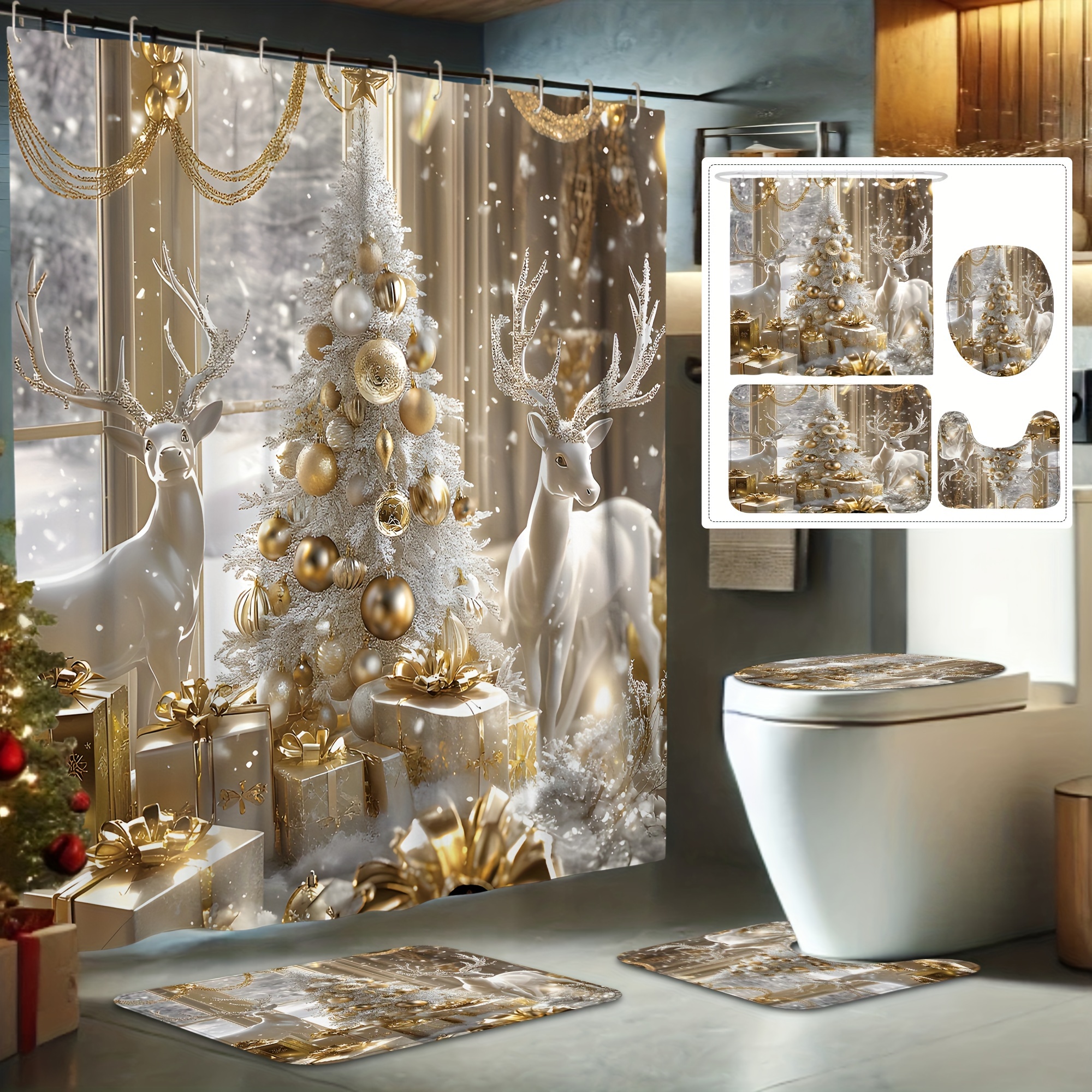 

4pcs Christmas Holiday Bathroom Decor Set , , , And - - Bath Washable , Includes 12 And Bath Mat, Toilet Lid , And Mat - Accessory Set