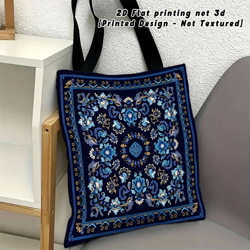 TEMU 2d Flat Printing Blue Floral Pattern Women's Shoulder Bag, Daily Use, Multi-functional Handbag, Suitable For Travel, Shopping, Gift Handbag,