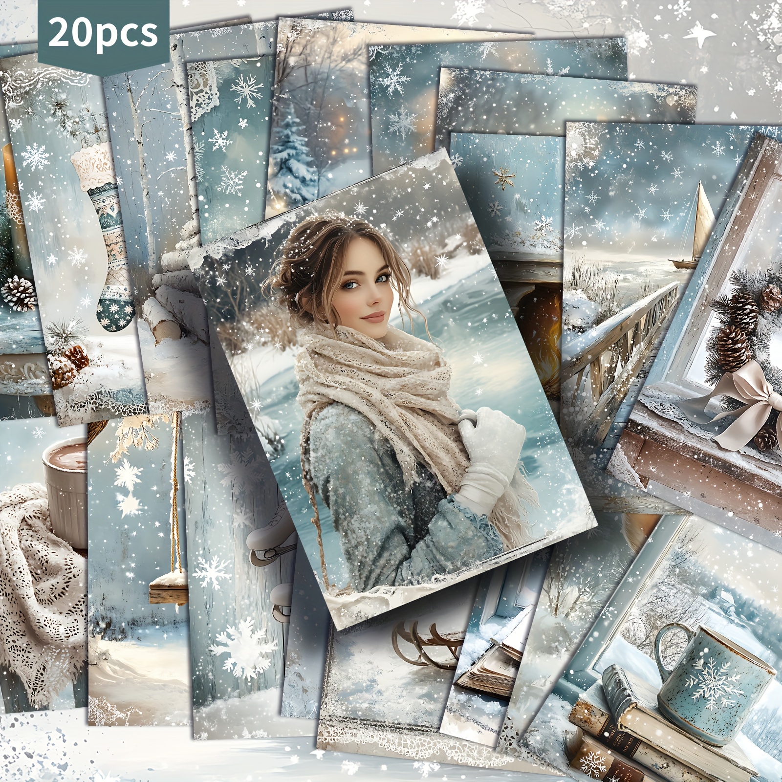 TEMU 20 stuks blauwe papieren ansichtkaarten met gezellig winterthema - 4x6 inch winterse sneeuwscène junk journal-papier, klassieke -illustraties,
