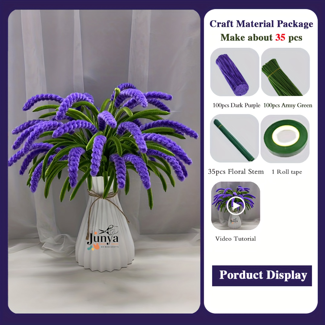 Image of 236pcs For Lavender Pipe Cleaner Bouquet Set With 200 Pipe Cleaners, 35pcs Floral Stem, 1 Tape - Upgraded Diy Craft Kit For Mother's Day, Graduation, Home Decorations, And Holiday Gifts, Dark Purple
