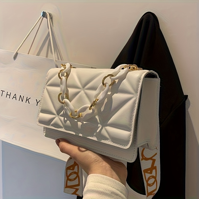 Bolso de mano sencillo y casual, este elegante bolso cuadrado pequeño con textura disponible en 4 colores: , blanco, marrón claro, rosa. Bolso de hombro individual de moda nuevo estilo retro con correa ancha para el hombro, cadena gruesa extranjera, bolso pequeño de rejilla