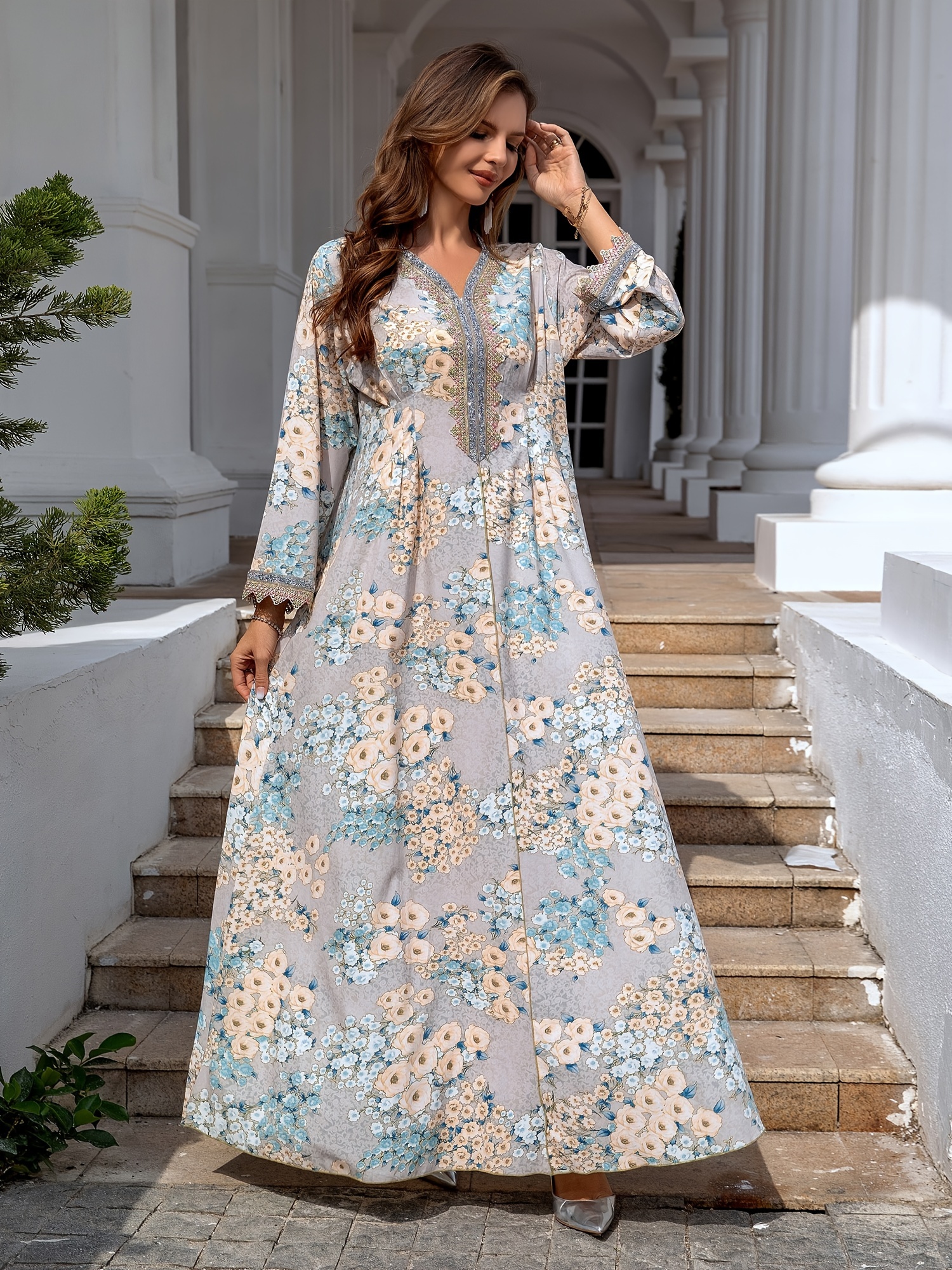 Print Loose Fit Long Sleeve Modest Dress with Accents, Floor-Length  Luxury Abaya Gown for Dubai, Weddings Formal Events, Muslim Dress,  Wedding