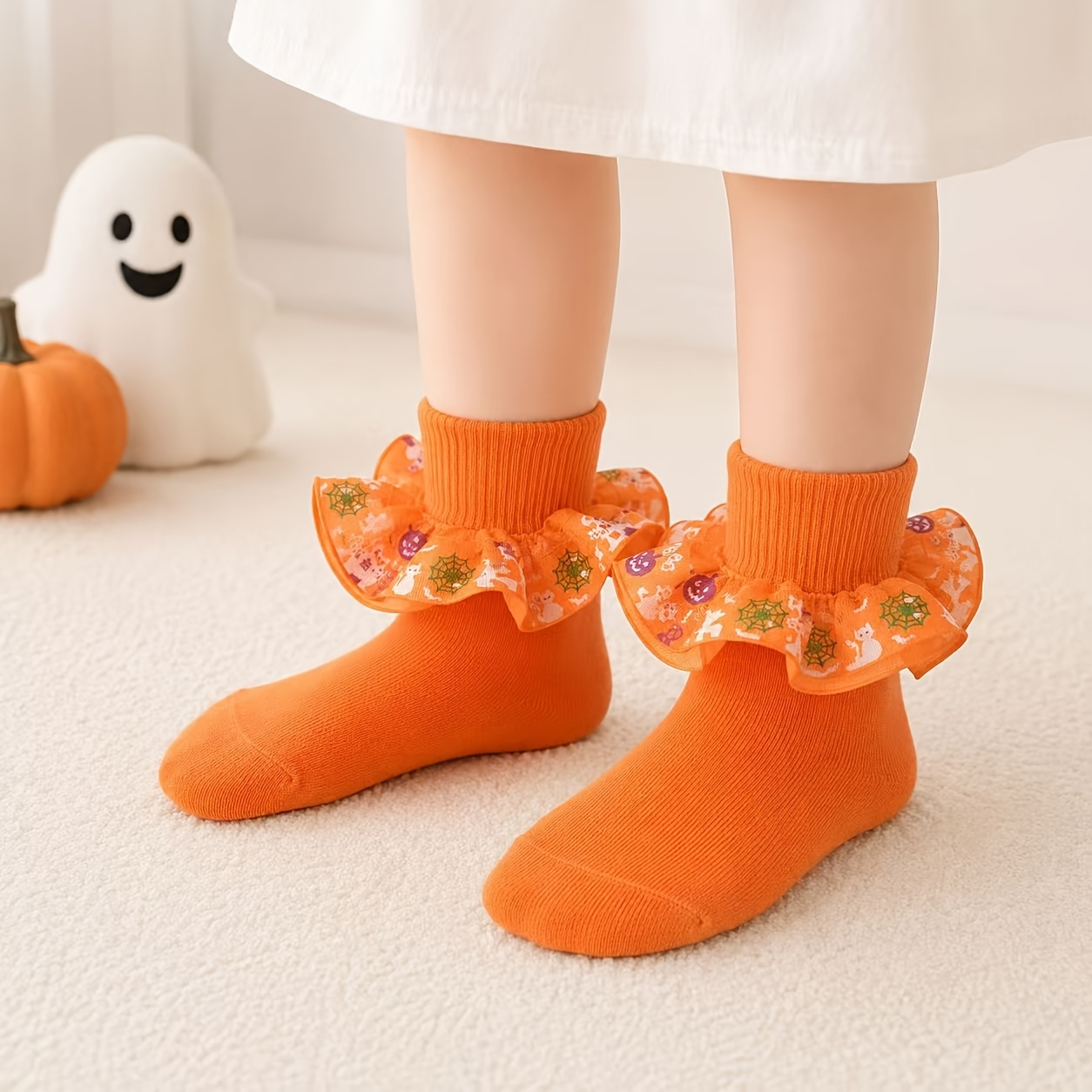TEMU 1 Pair Kids Halloween Ruffle Crew Socks Pumpkin Spider Print Frilly Socks Cute Girls Holiday Decor Socks For Little Girls