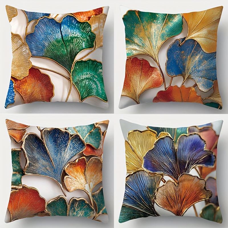 

4-pack Modern Leaf Print Throw Pillow Covers, Soft Polyester, Zip Closure, Machine Washable, Decorative Cushion Cases For Living Room - 18x18 Inches