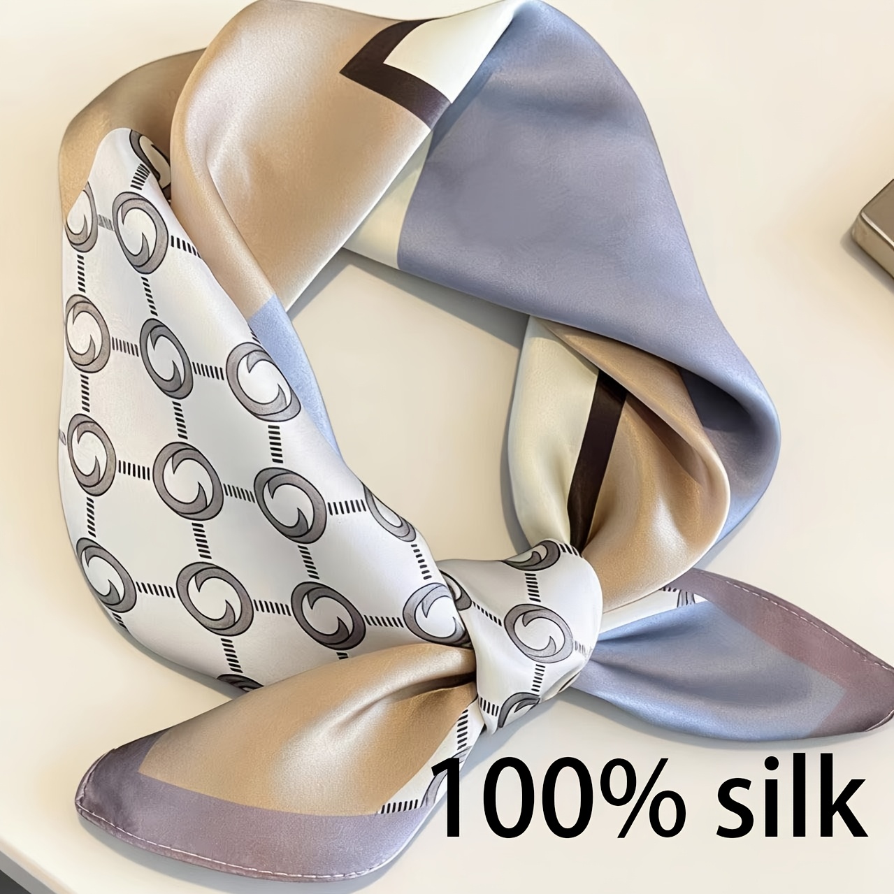 TEMU Vintage Elegant 100% Silk Women's Small Square Scarf, Hairband, , Bag Accessory, Scarf. Featuring A Minimalist Circular Geometric Pattern As