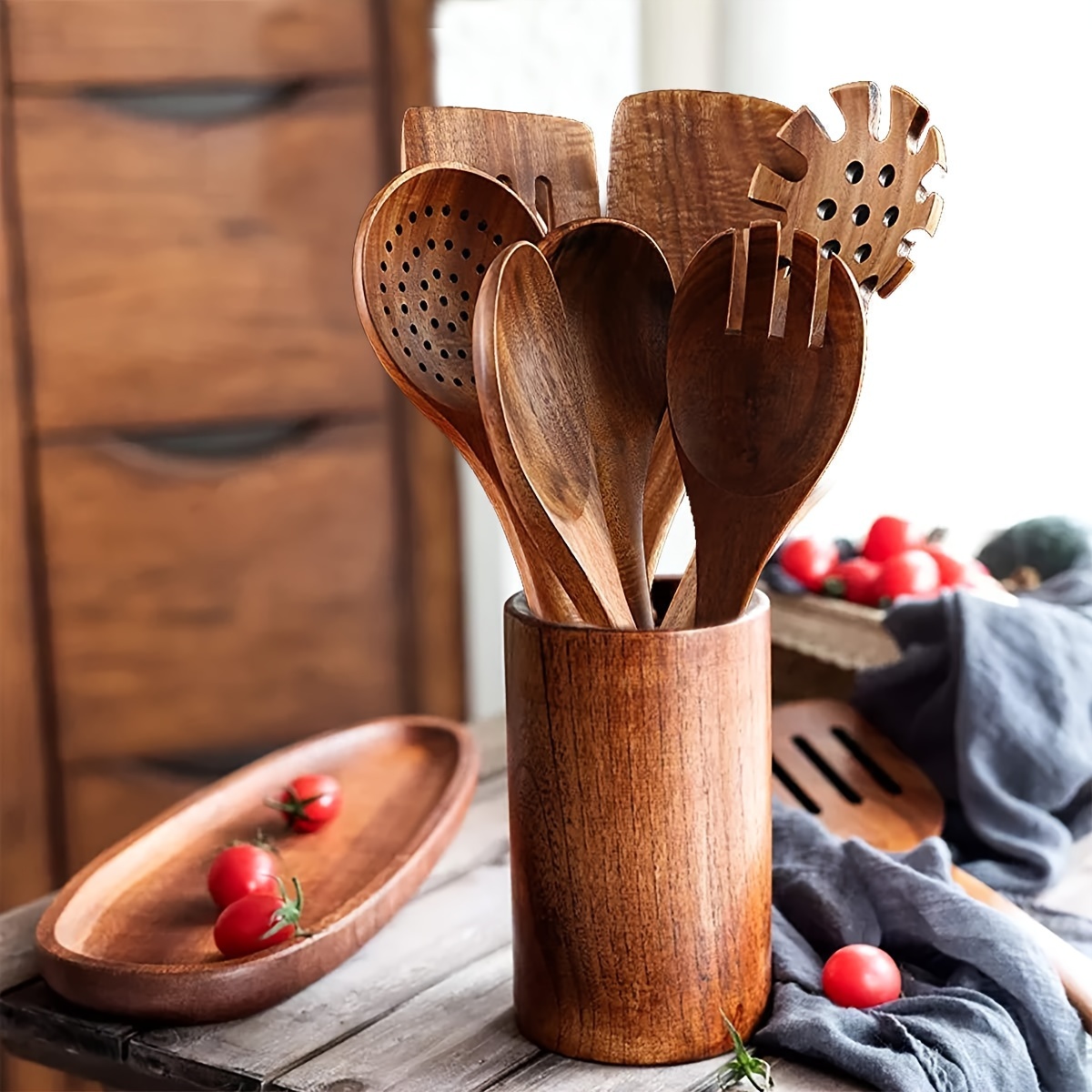 

Large Wooden Kitchen Utensil Organizer - Pantry Cooking Accessories Storage, 6- Cylindrical Lid For Countertops &