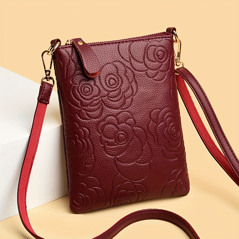 

Floral Embossed Crossbody Phone Bag - Lightweight Mini Shoulder Purse With Detachable Strap, Zipper Closure, And Multiple Color Options (burgundy/red//purple/green/blue/yellow), Phone Purse