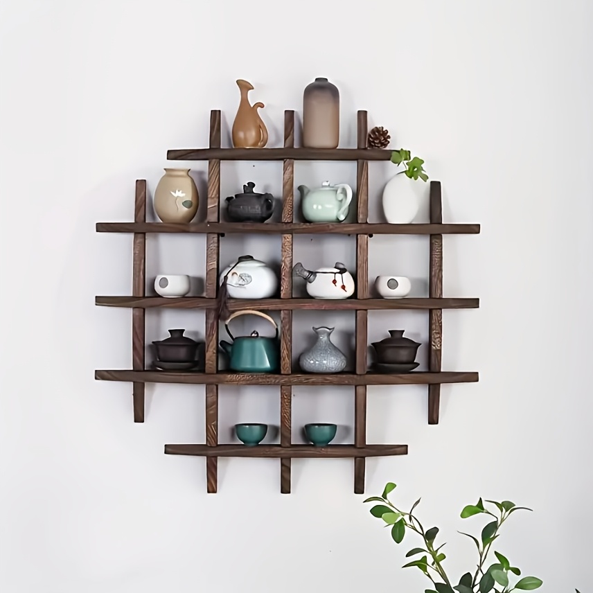 vintage wooden wall shelving retro style storage for books artwork cups plants tea sets round wooden kiosks practical hooks for living room or bedroom wall mounted multi purpose display solution 0