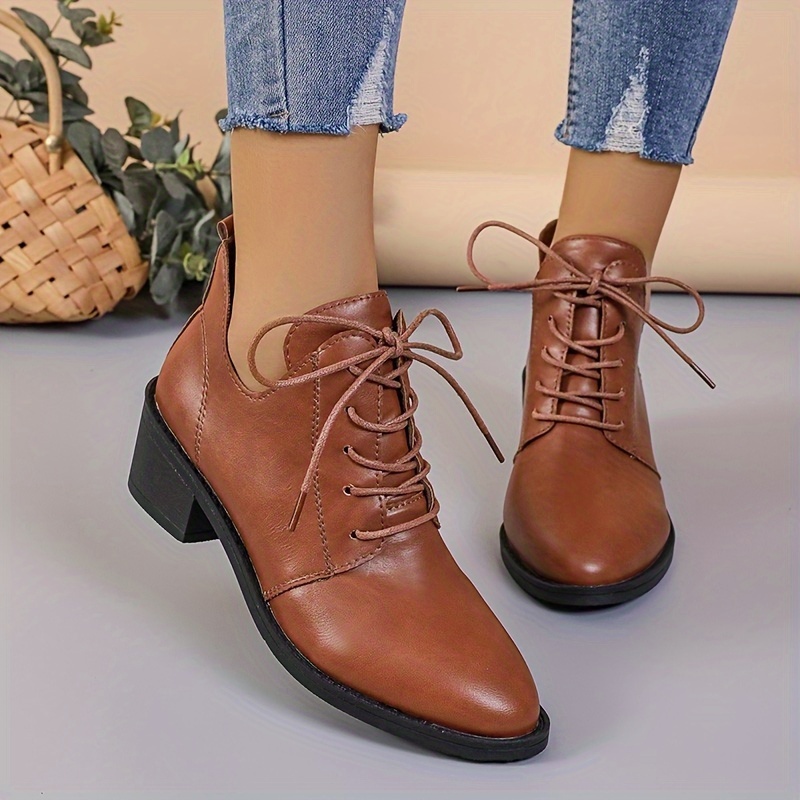 

Women's Solid Color Stylish Boots, Lace Up Heel Boots, Point Toe Chelsea Boots