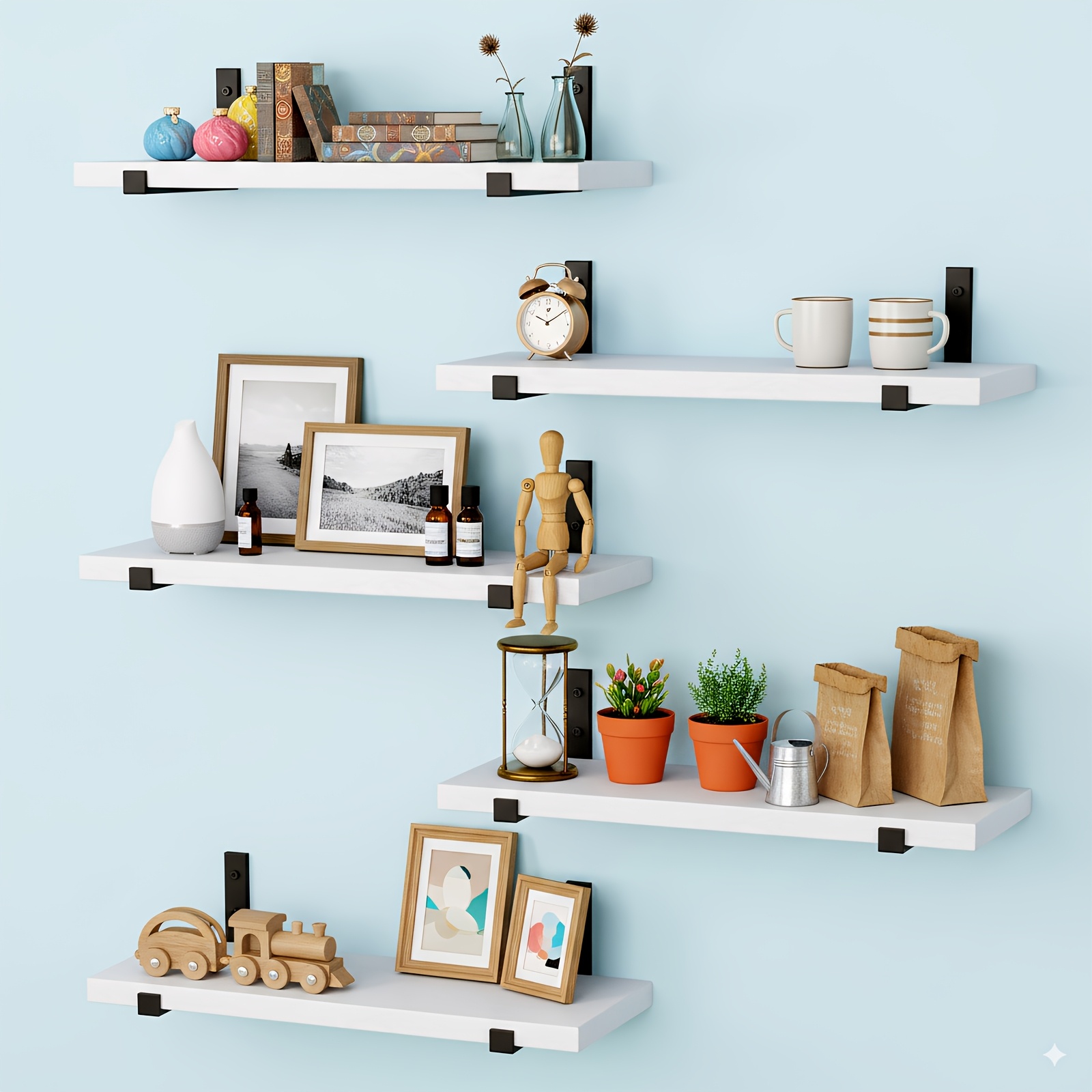 Image of Tomnk 5pcs Retro Floating Shelf, 15.8x4.7 Inches, Narrow Board Design, Suitable For Bedroom, Living Room, Kitchen, Bathroom, Home Decor, Wall Mounted Storage Shelf, Multiple Colors