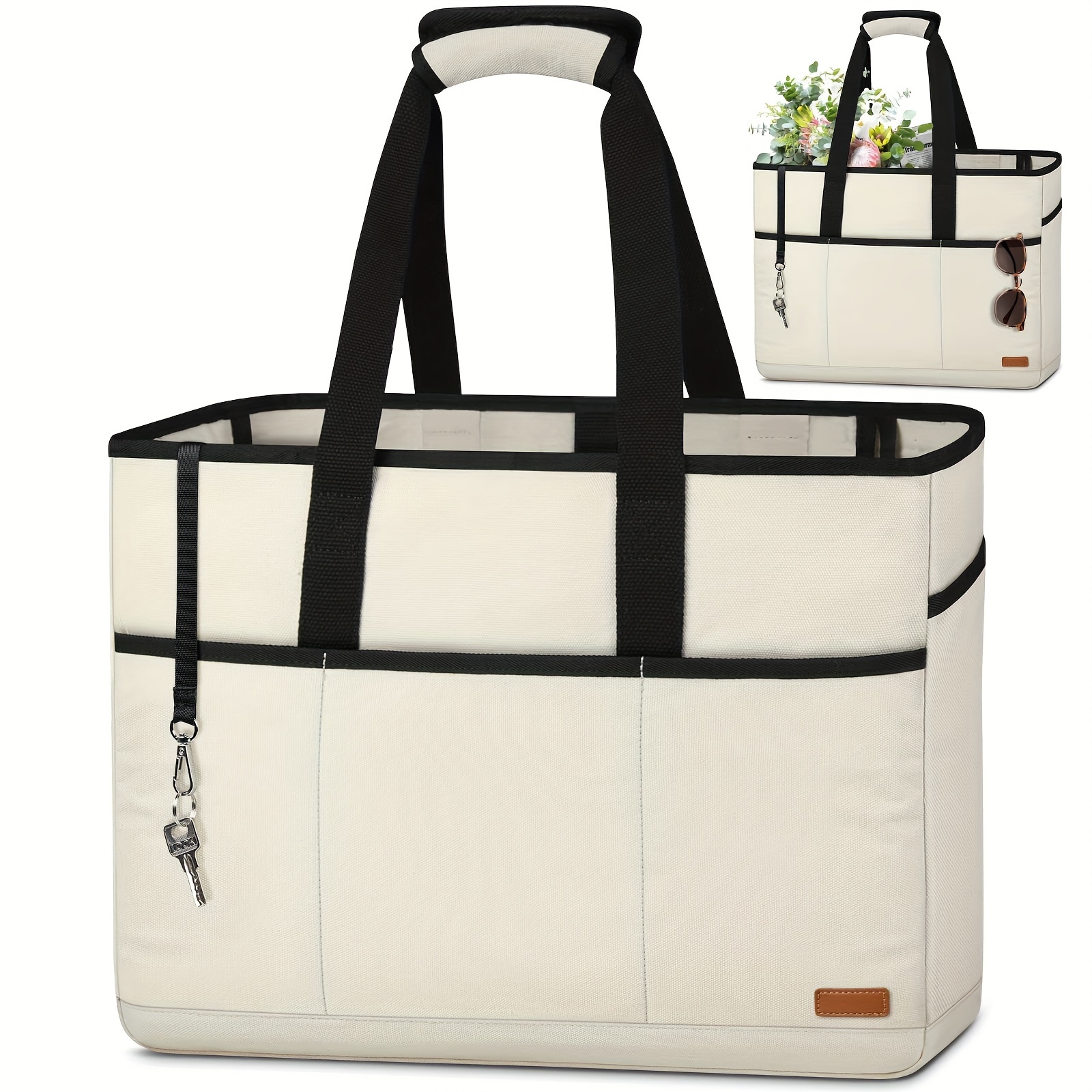   large canvas beach tote bag white with black handles durable   bottom zipper closure ideal for work travel swimming and   tote bag elegant tote bag durable handle beach tote bag