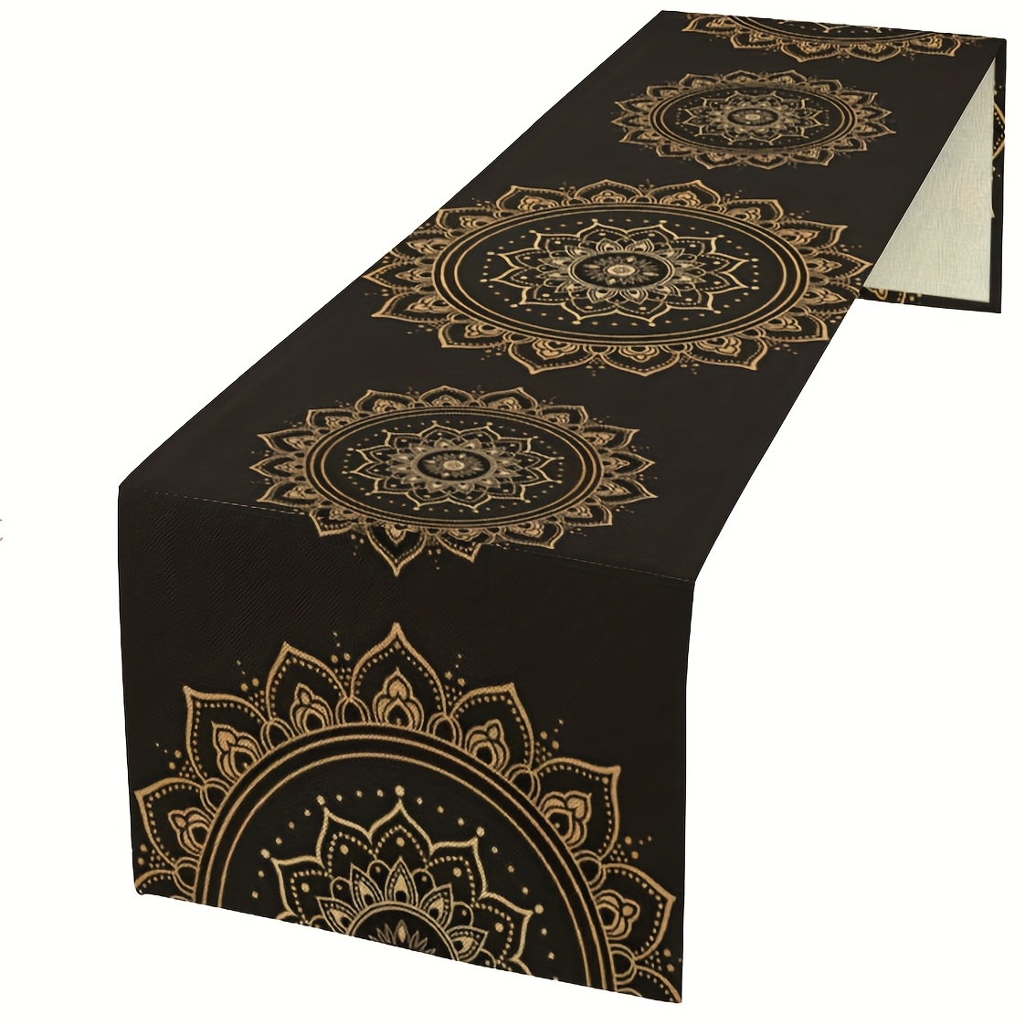 Image of Golden Mandala Table Runner, Traditional Indian Floral Vintage Bohemian Mandala Tablecloth, Suitable For Home Kitchen Dining Indoor Outdoor Holiday 33*90cm, 33*120cm, 33*183cm, 33*230cm, 33*275cm