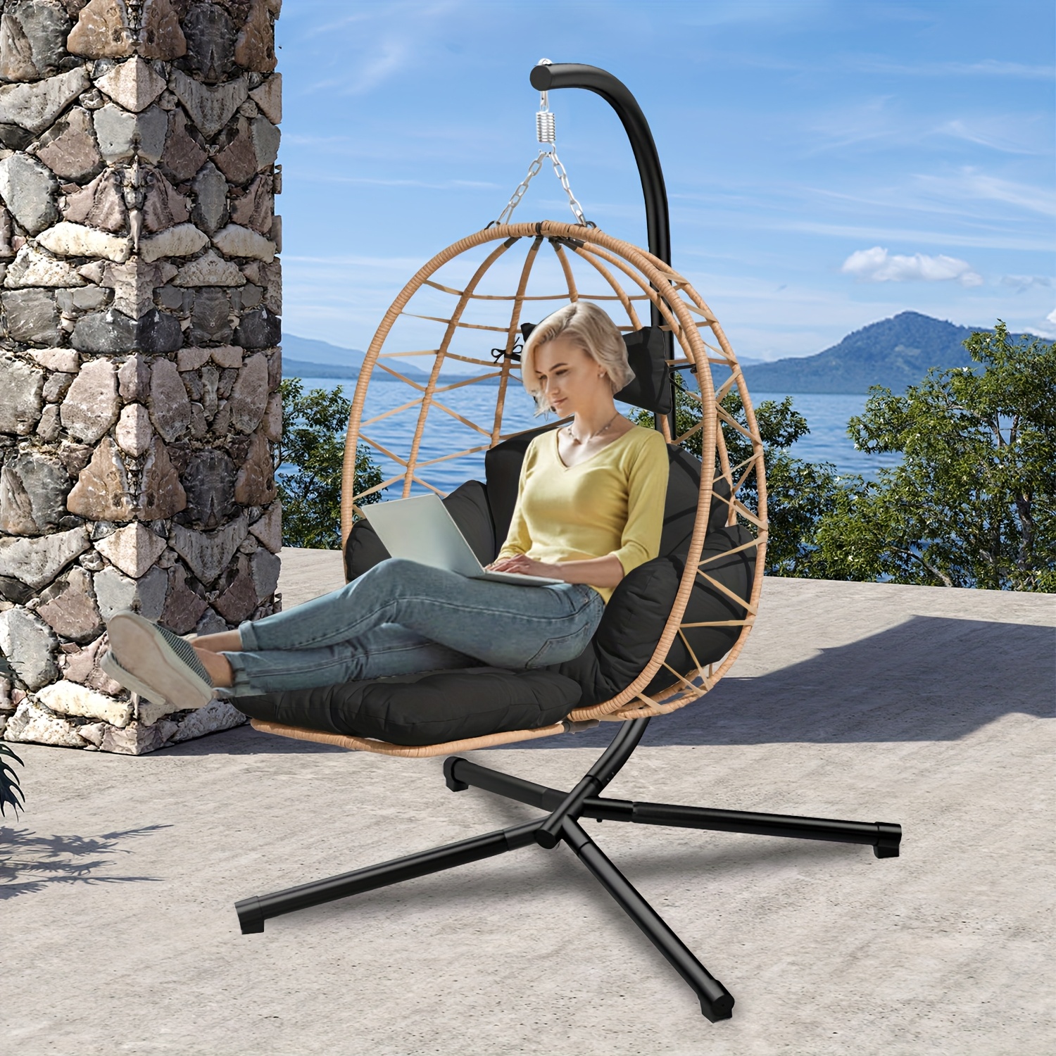 Outdoor Hanging Egg Chair With Stand &amp; Leg Rest Heavy-Duty *, * Rattan Swing Chair For Patio, Garden, Balcony Backyard, 350 Lbs Capa